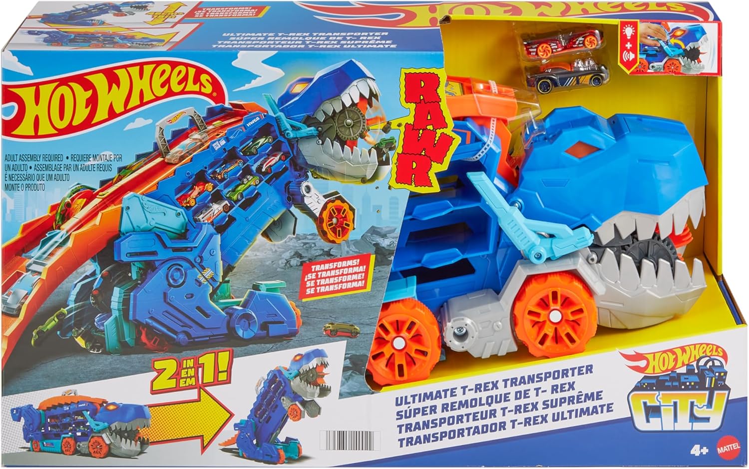 Hot Wheels City Ultimate Transporter con T-Rex, luci, suoni e 2 auto