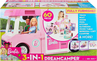 Barbie DreamCamper 3 in 1 + Barbie “It Takes Two” Malibu Camping Playset Bundle Set regalo Avventura all'aria aperta, dai 3 anni in su