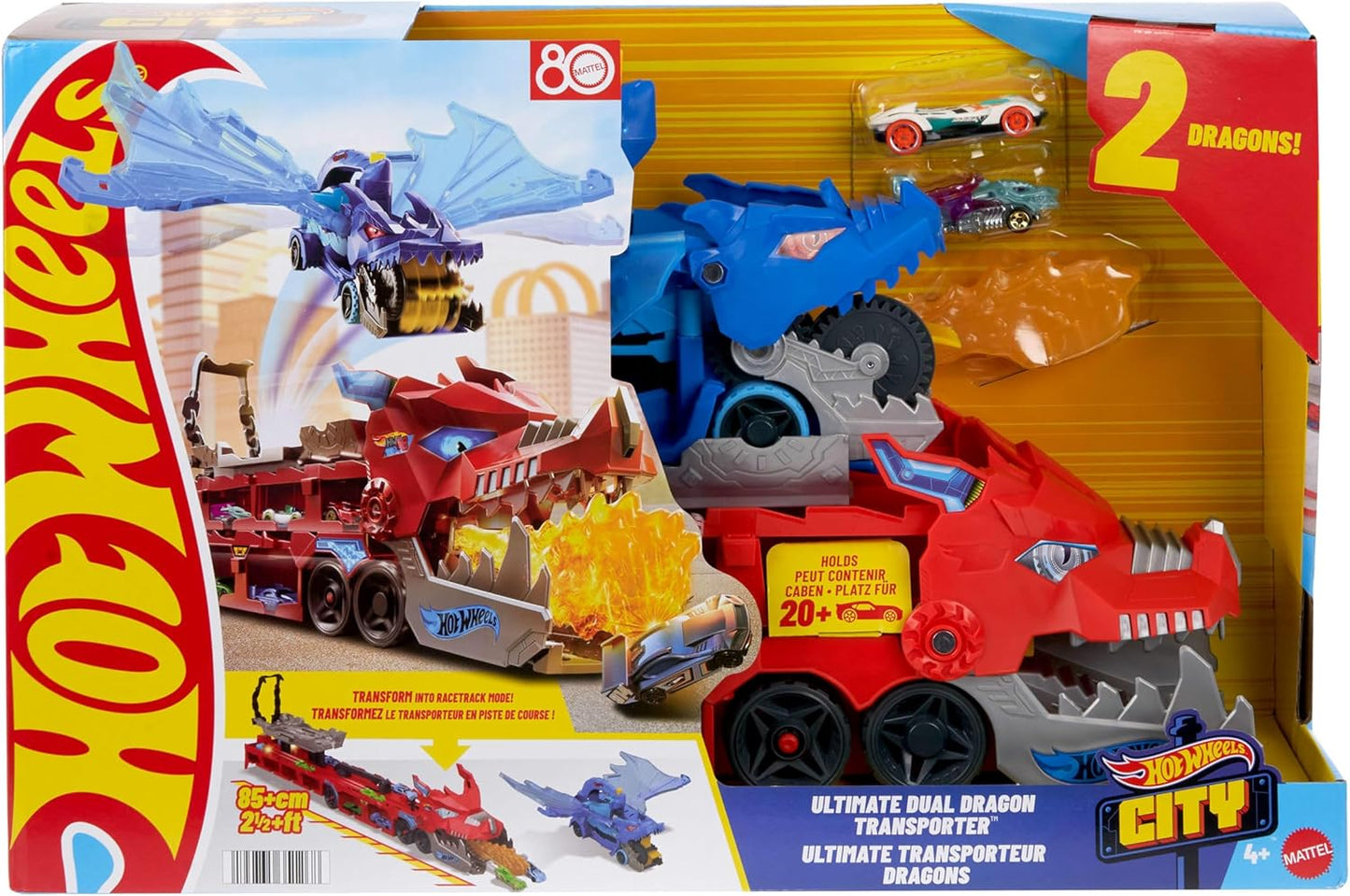 Hot Wheels City Ultimate Dragon Transporter 2-en-1 avec 2 voitures moulées sous pression