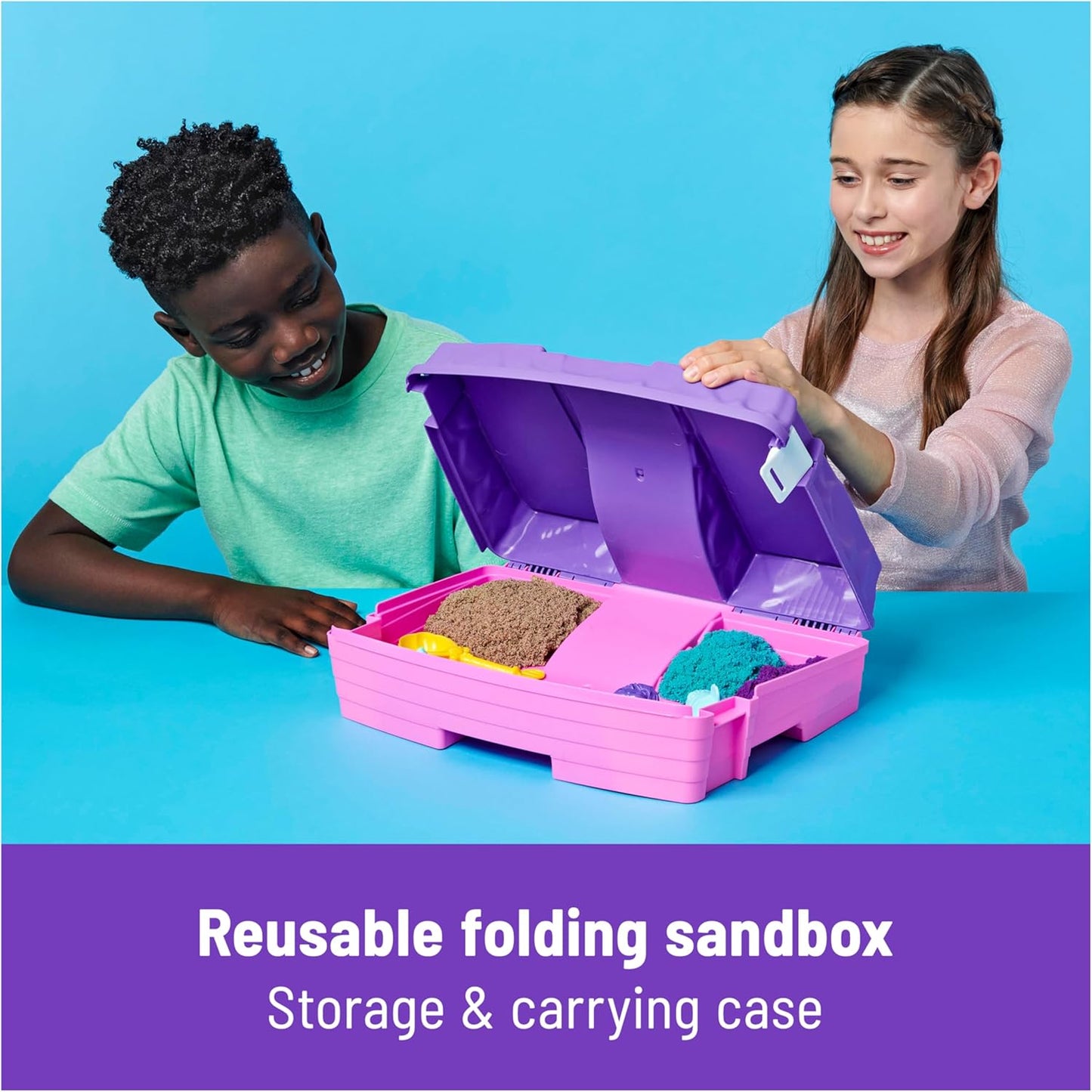 Kinetic Sand, Meerjungfrauenpalast-Spielset mit 934 g Spielsand (Neonviolett, schimmerndes Blaugrün und Strand), Werkzeug und faltbarem Sandkasten