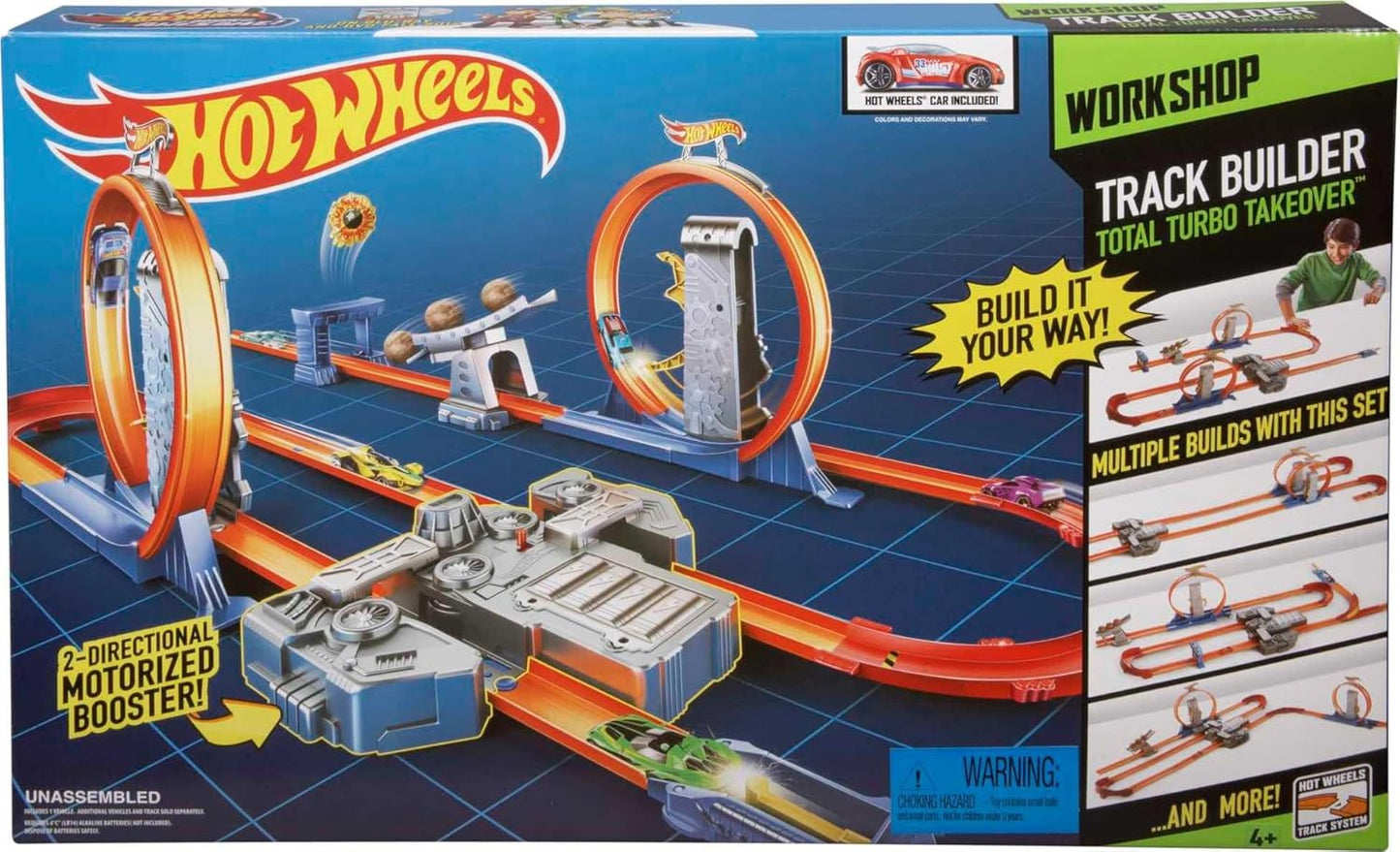 Hot Wheels Track Builder Total Turbo Takeover Playset con booster motorizzato e auto