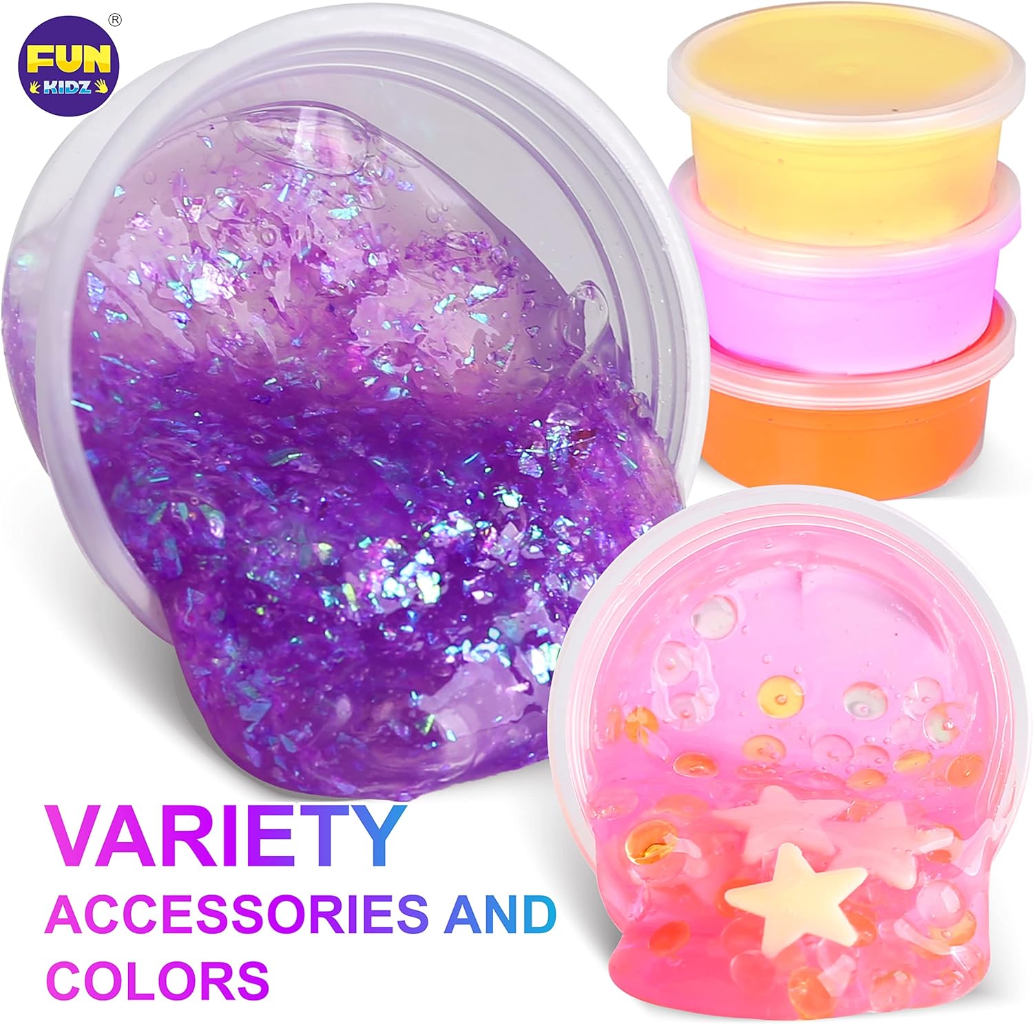 FunKidz Jumbo-Schleim-Set, 33 Becher, vorgefertigtes Schleim-Set, weich, wolkenartig, klar, butterfarben, glitzernd und im Dunkeln leuchtend, ungiftiges DIY-Set für Kinder im Alter von 4–12 Jahren, Partygeschenke und Geschenkbox
