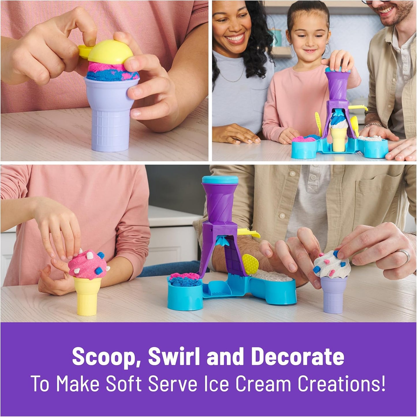 Kinetic Sand, Soft-Serve-Station mit 396 g Spielsand (blau, rosa und weiß), 2 Eistüten und 2 Werkzeugen