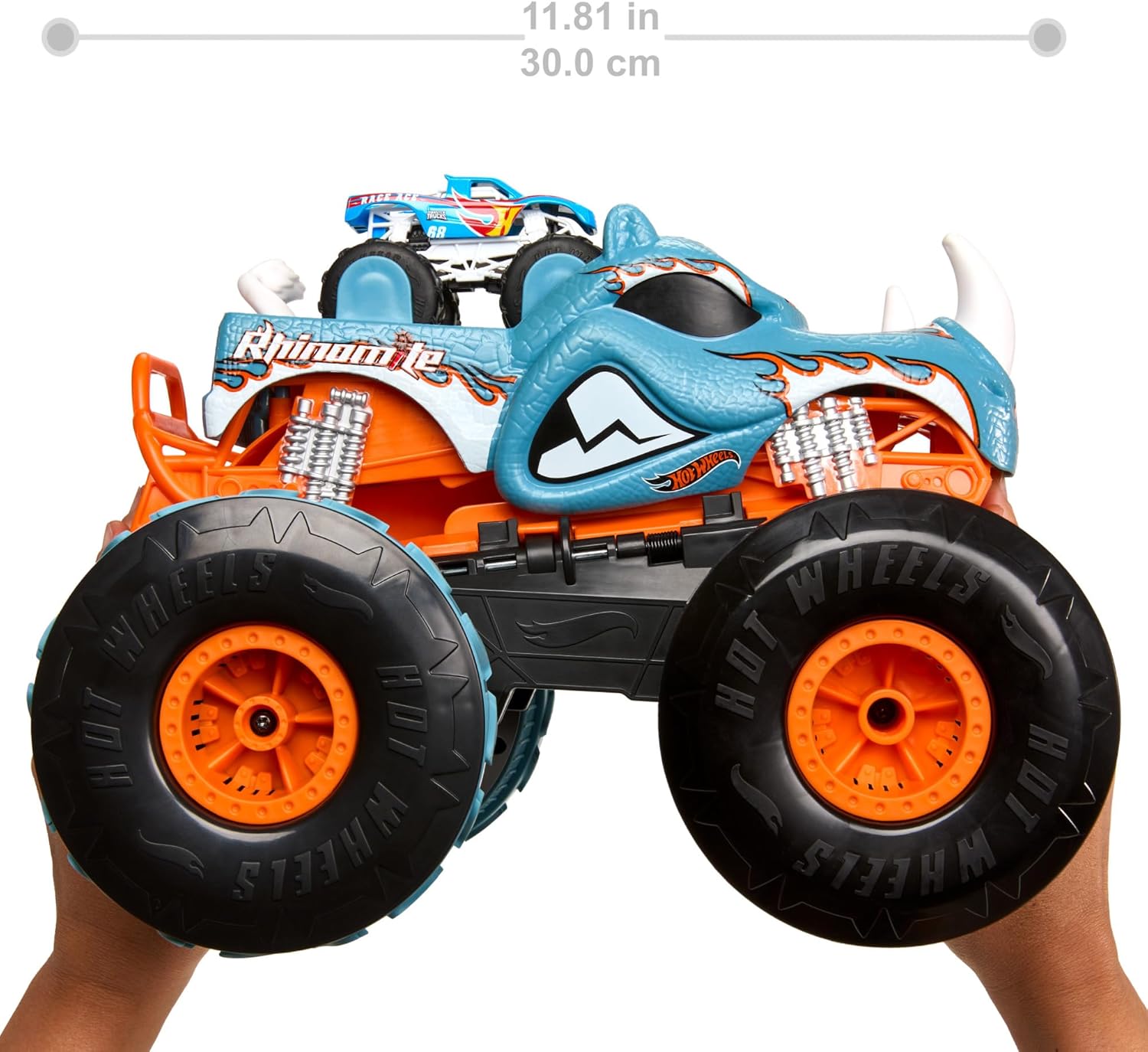 Hot Wheels Monster Trucks Véhicule RC Rhinomite convertible avec Race Ace