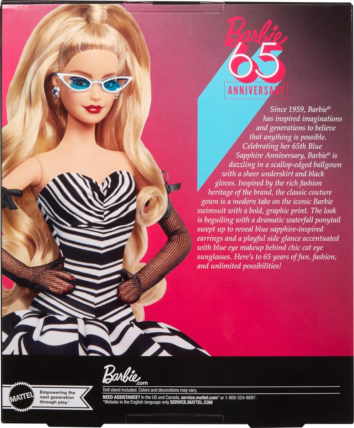 Barbie Signature-Puppe, Sammlerstück zum 65. Jubiläum mit blonden Haaren, schwarz-weißem Kleid