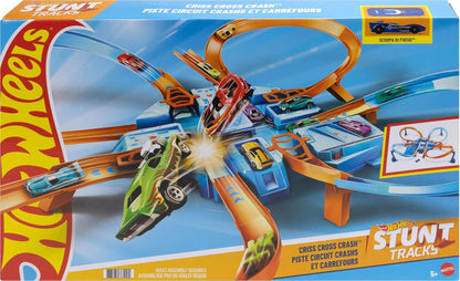 Set di piste d'incidente Hot Wheels Criss-Cross con booster motorizzato e auto