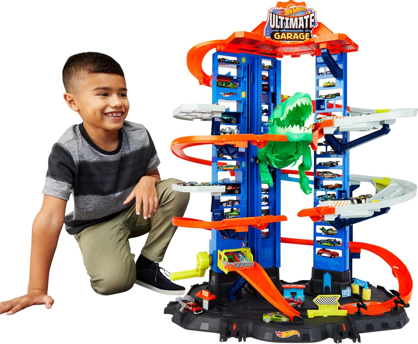 Hot Wheels City Ultimate Garage Track Set avec T-Rex et 2 voitures