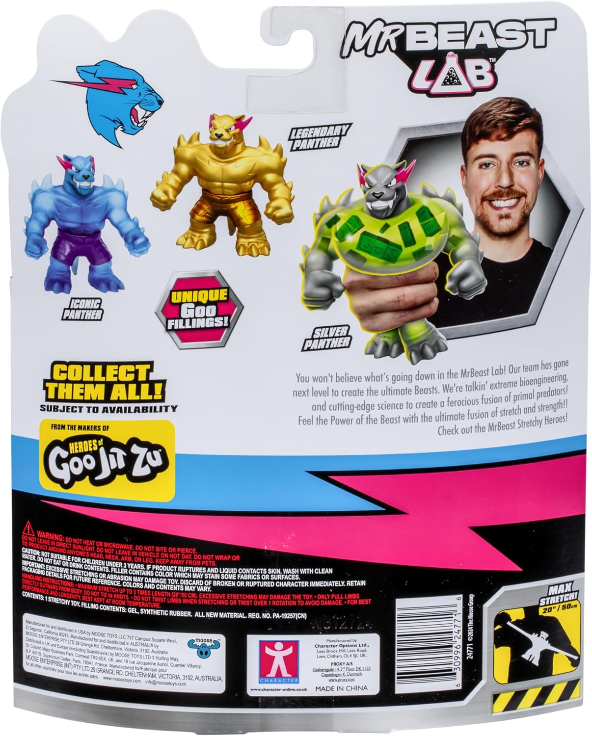 MrBeast Lab – Heroes of Goo Jit Zu Stretchy Heroes 4,5 (11 cm) Panther-Figuren, dehnbar bis zum Dreifachen ihrer Größe, Wave 2-Kollektion, ikonische, silberne und legendäre Panther