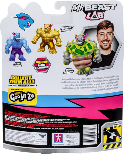 MrBeast Lab – Heroes of Goo Jit Zu Stretchy Heroes 4,5 (11 cm) Panther-Figuren, dehnbar bis zum Dreifachen ihrer Größe, Wave 2-Kollektion, ikonische, silberne und legendäre Panther