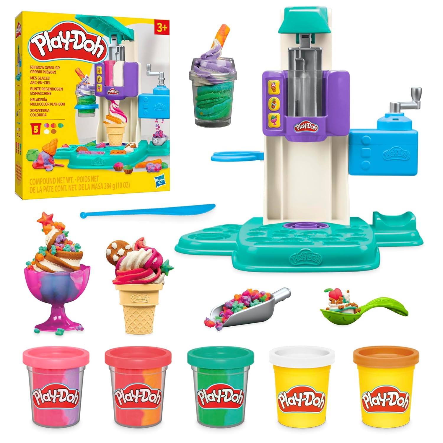 Das Play-Doh Rainbow Swirl Ice Cream-Spielset enthält 7 Küchenzubehörteile