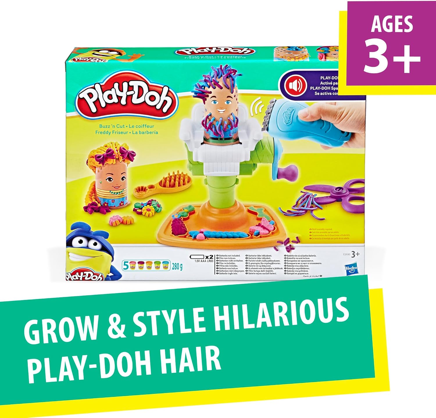 Play-Doh Buzz ’n Cut Fuzzy Pumper Barber Shop-Set, elektrischer Summer und 5 Farben, ab 3 Jahren