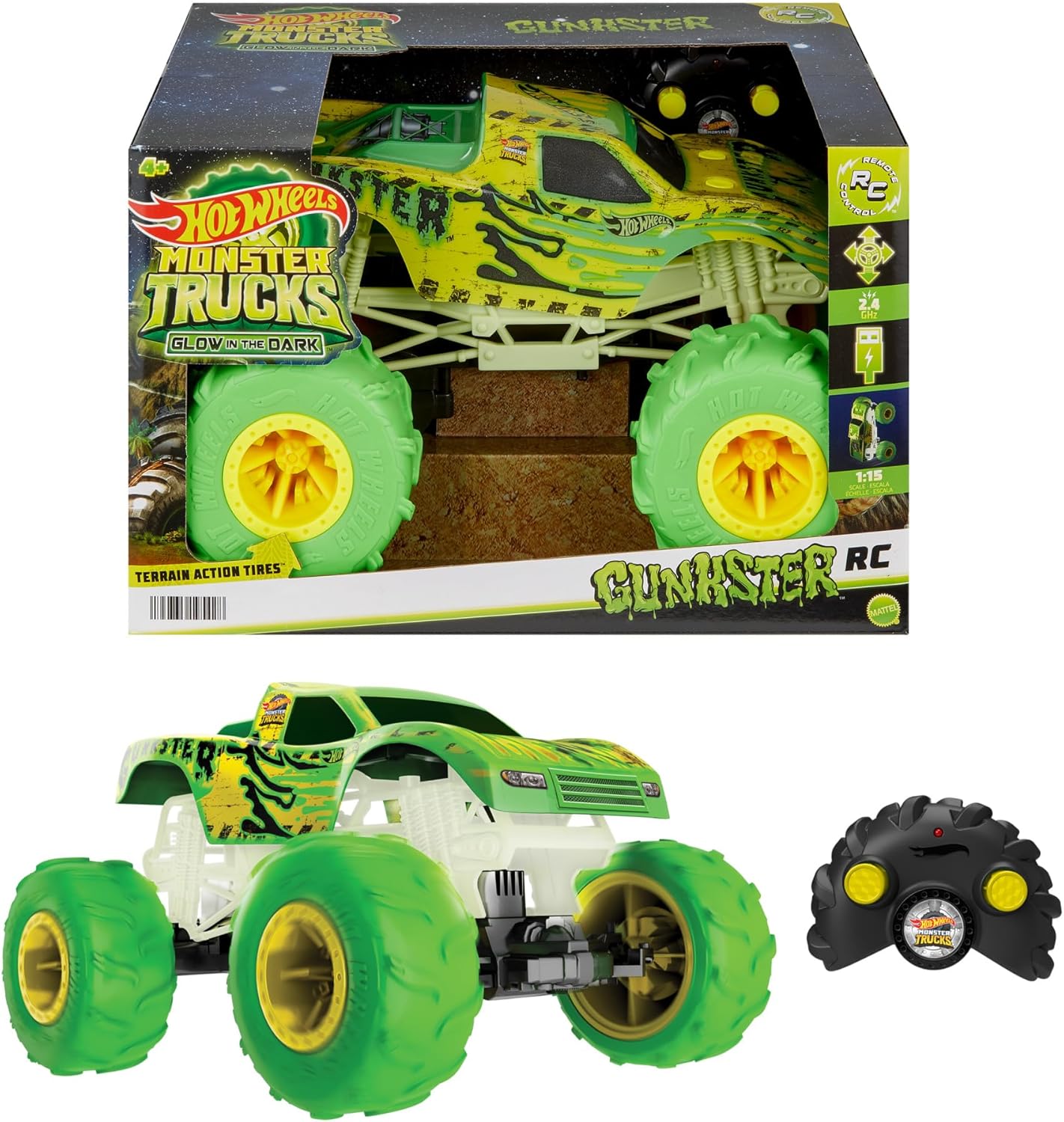 Hot Wheels Monster Trucks Gunkster RC Truck, leuchtet im Dunkeln