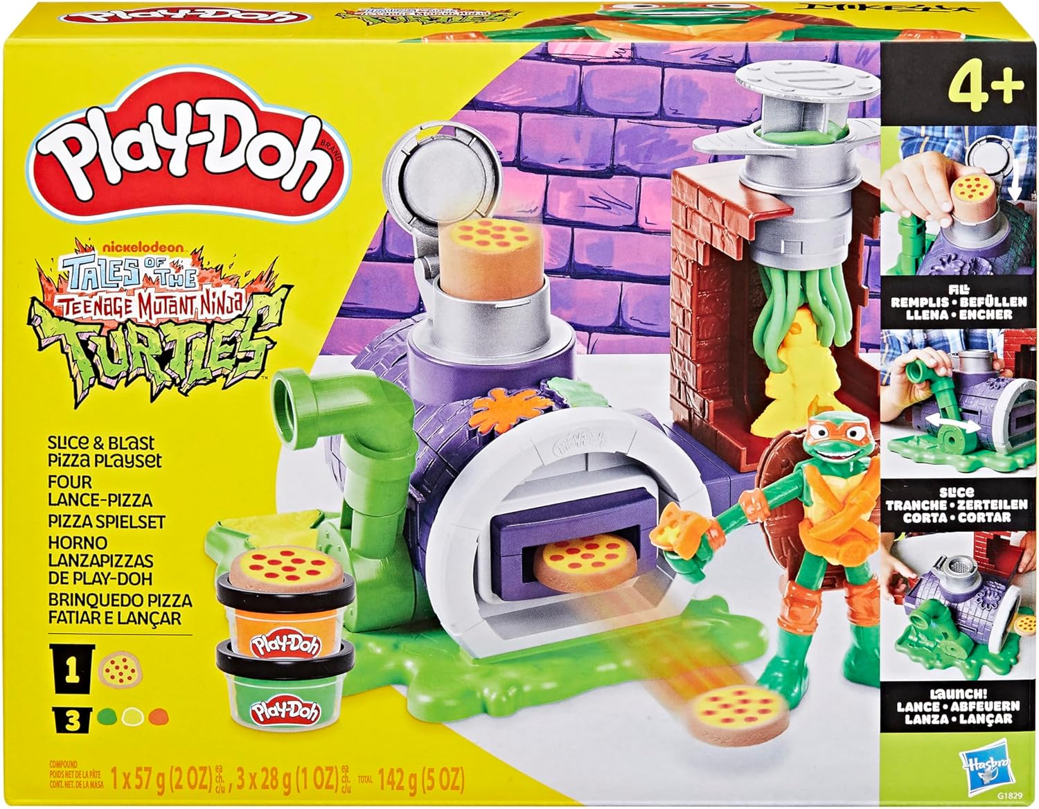 Play-Doh Teenage Mutant Ninja Turtles Slice & Blast Pizza-Spielset Bendy Michelangelo-Figur und Pizza-Blaster-Spielzeug für Kinder ab 4 Jahren