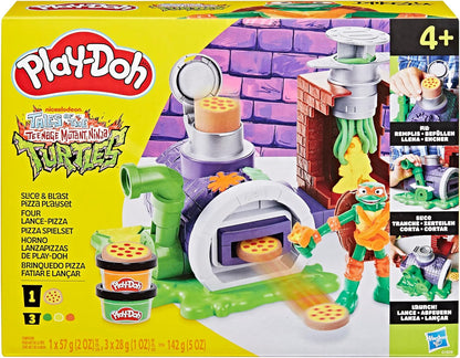 Play-Doh Teenage Mutant Ninja Turtles Slice & Blast Pizza-Spielset Bendy Michelangelo-Figur und Pizza-Blaster-Spielzeug für Kinder ab 4 Jahren