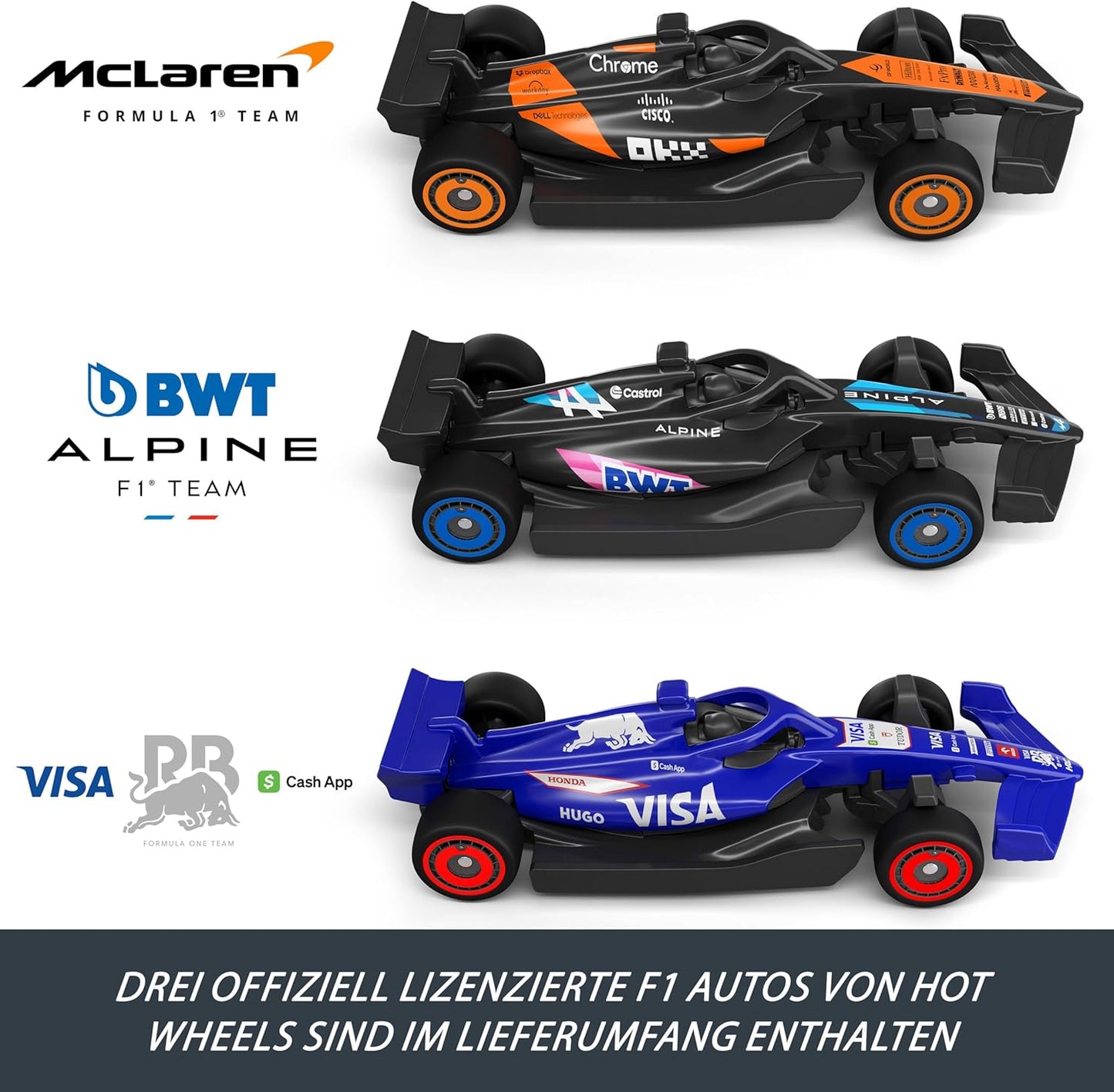 Hot Wheels - Circuit de course côte à côte de Formule 1 avec 3 voitures moulées sous pression