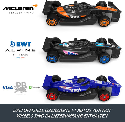 Hot Wheels - Circuit de course côte à côte de Formule 1 avec 3 voitures moulées sous pression