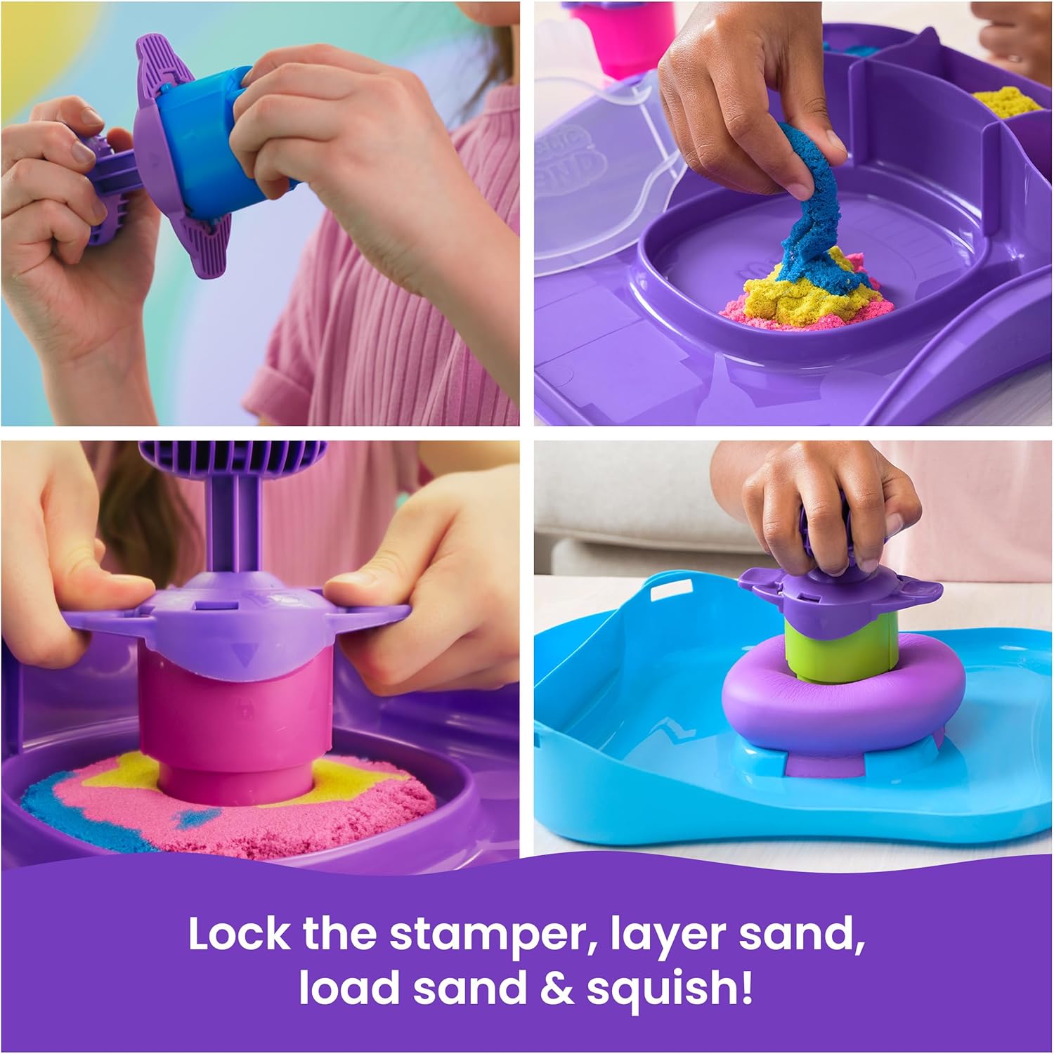 Kinetic Sand, SquishMotion con sabbia da gioco rosa, gialla e blu da 454 g, timbro e 5 strumenti, custodia