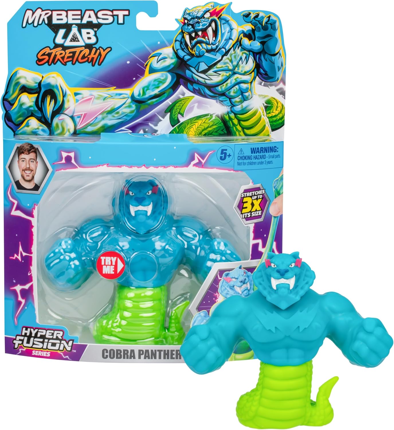 MrBeast Lab – Hyper Fusion Stretchy Hero Cobra Panther 5 (12,7 cm), mit Glibber gefüllte Actionfigur, dehnbar bis zum Dreifachen ihrer Größe