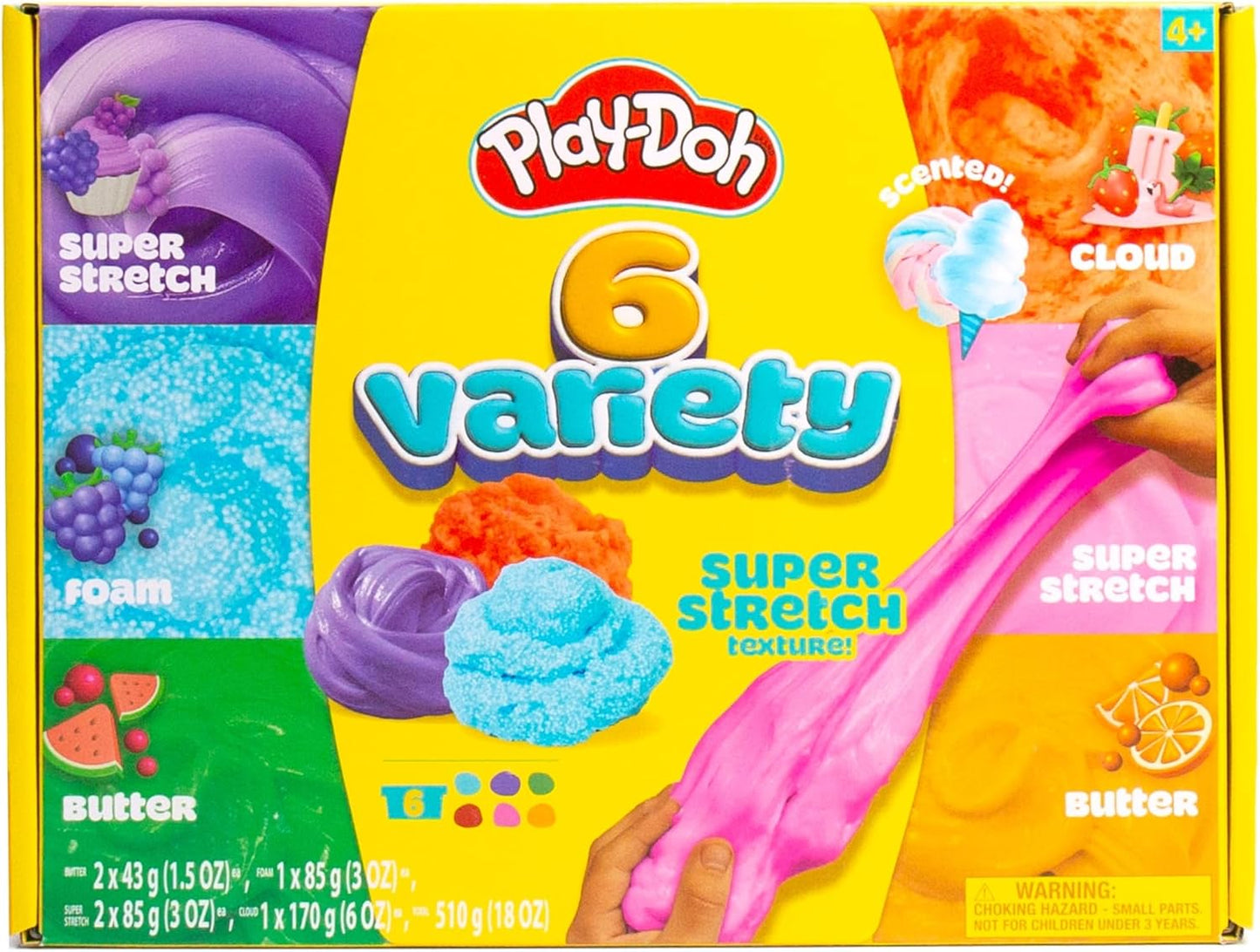 Play-Doh 6er-Pack mit Super-Stretch-, Schaum-, Butter- und Wolken-Sinnesspielzeugen für Kinder ab 3 Jahren