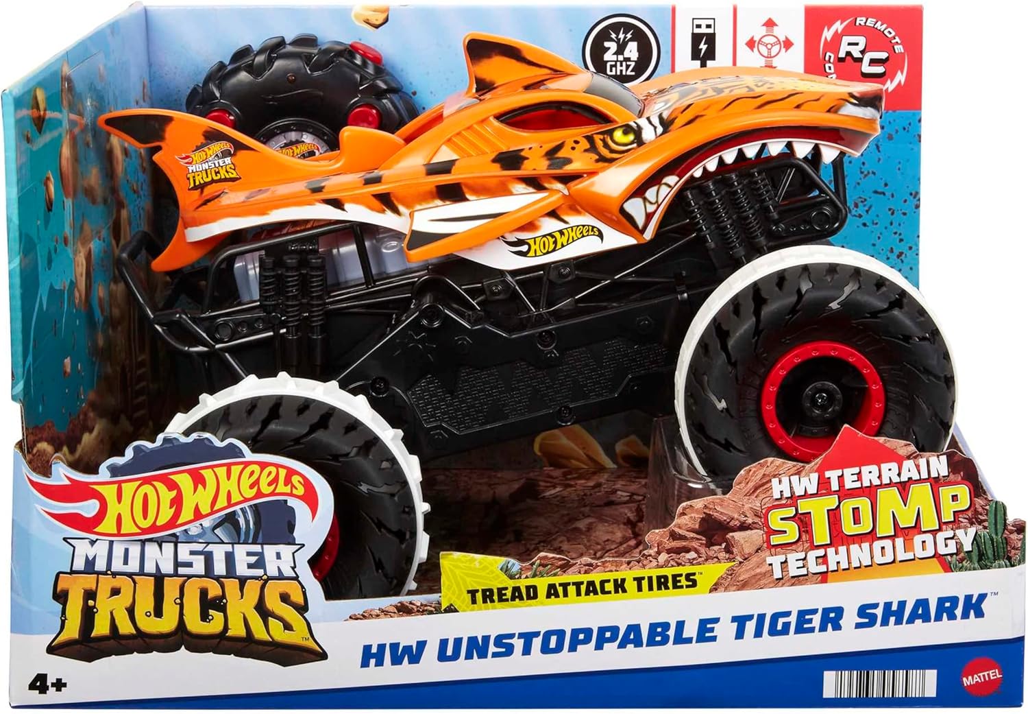 Hot Wheels Monster Trucks Unstoppable Tiger Shark RC avec technologie Terrain Stomp