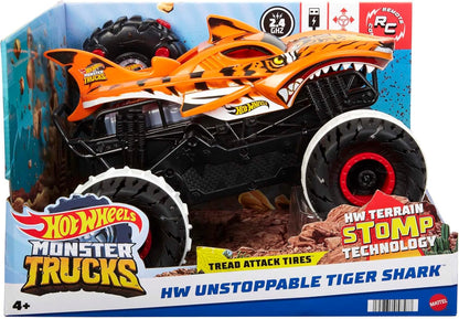 Hot Wheels Monster Trucks Unstoppable Tiger Shark RC avec technologie Terrain Stomp