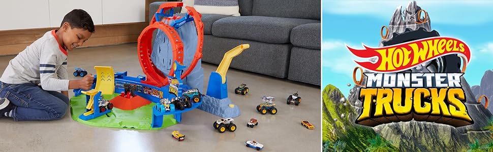 Hot Wheels Monster Trucks T-Rex Volcano Arena Coffret de jeu avec camion et voiture Race Ace