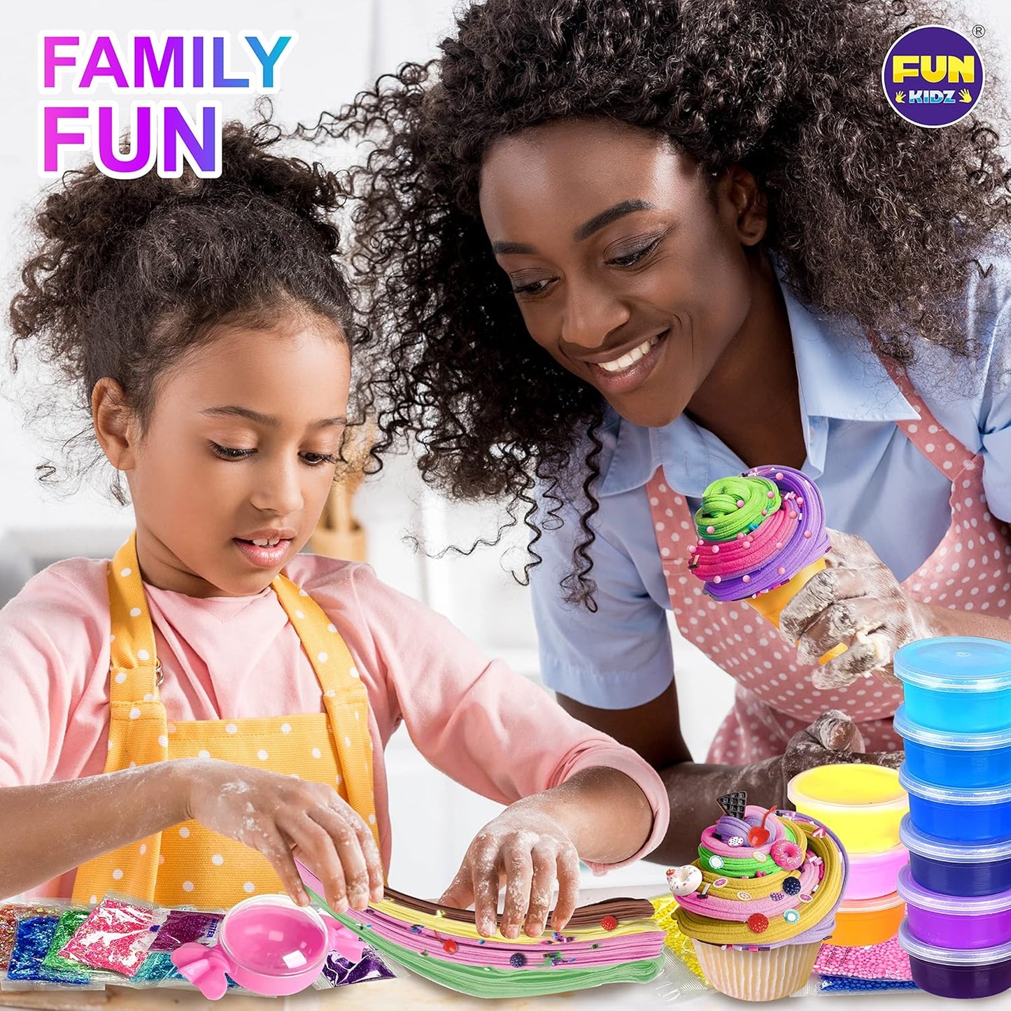 FunKidz Jumbo-Schleim-Set, 33 Becher, vorgefertigtes Schleim-Set, weich, wolkenartig, klar, butterfarben, glitzernd und im Dunkeln leuchtend, ungiftiges DIY-Set für Kinder im Alter von 4–12 Jahren, Partygeschenke und Geschenkbox