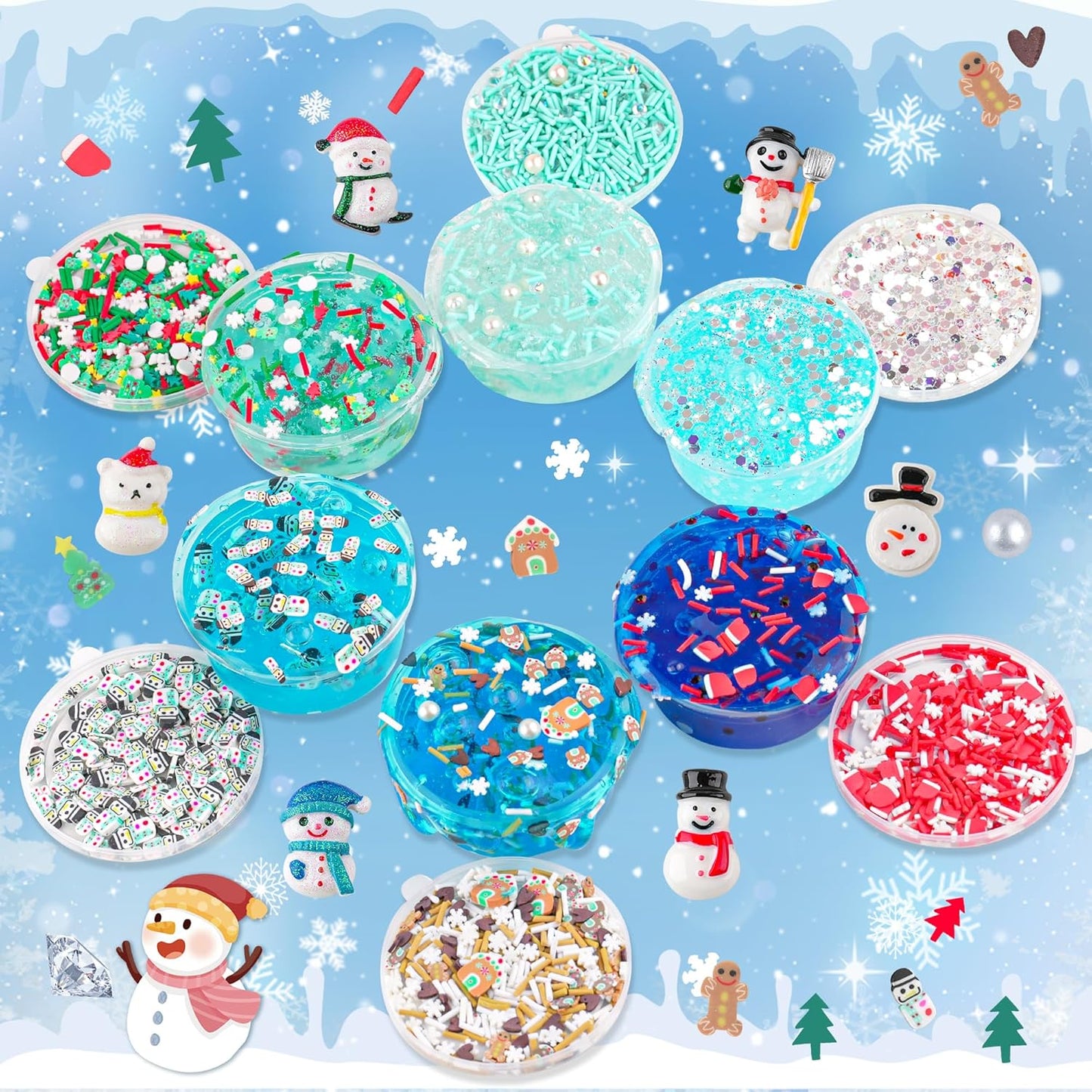 Lot de 6 bonhommes de neige en slime et argile, kit de bricolage pour construire un bonhomme de neige, 6 slimes en cristal transparent et 40 accessoires, à partir de 4 ans