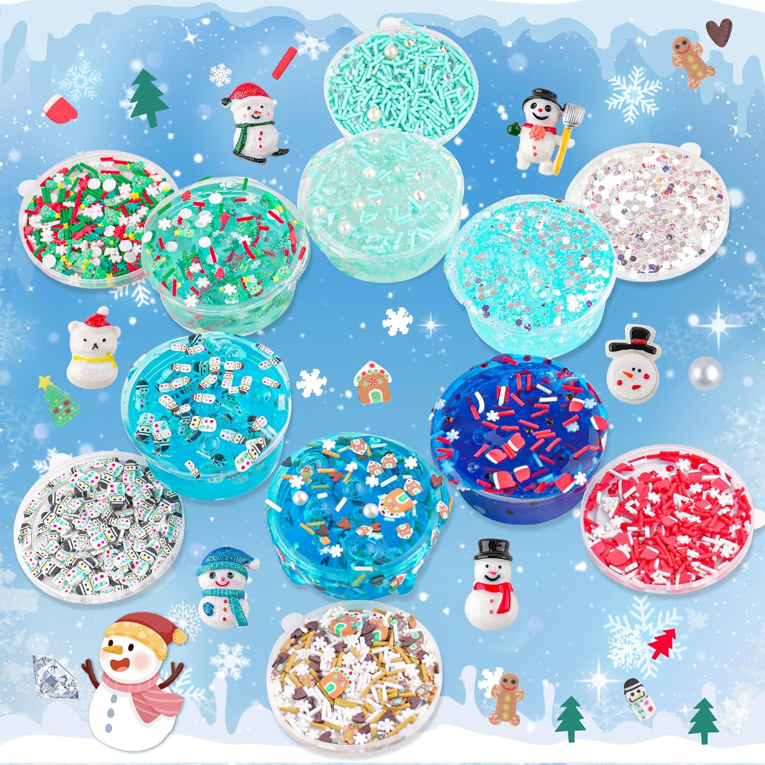 Lot de 6 bonhommes de neige en slime et argile, kit de bricolage pour construire un bonhomme de neige, 6 slimes en cristal transparent et 40 accessoires, à partir de 4 ans