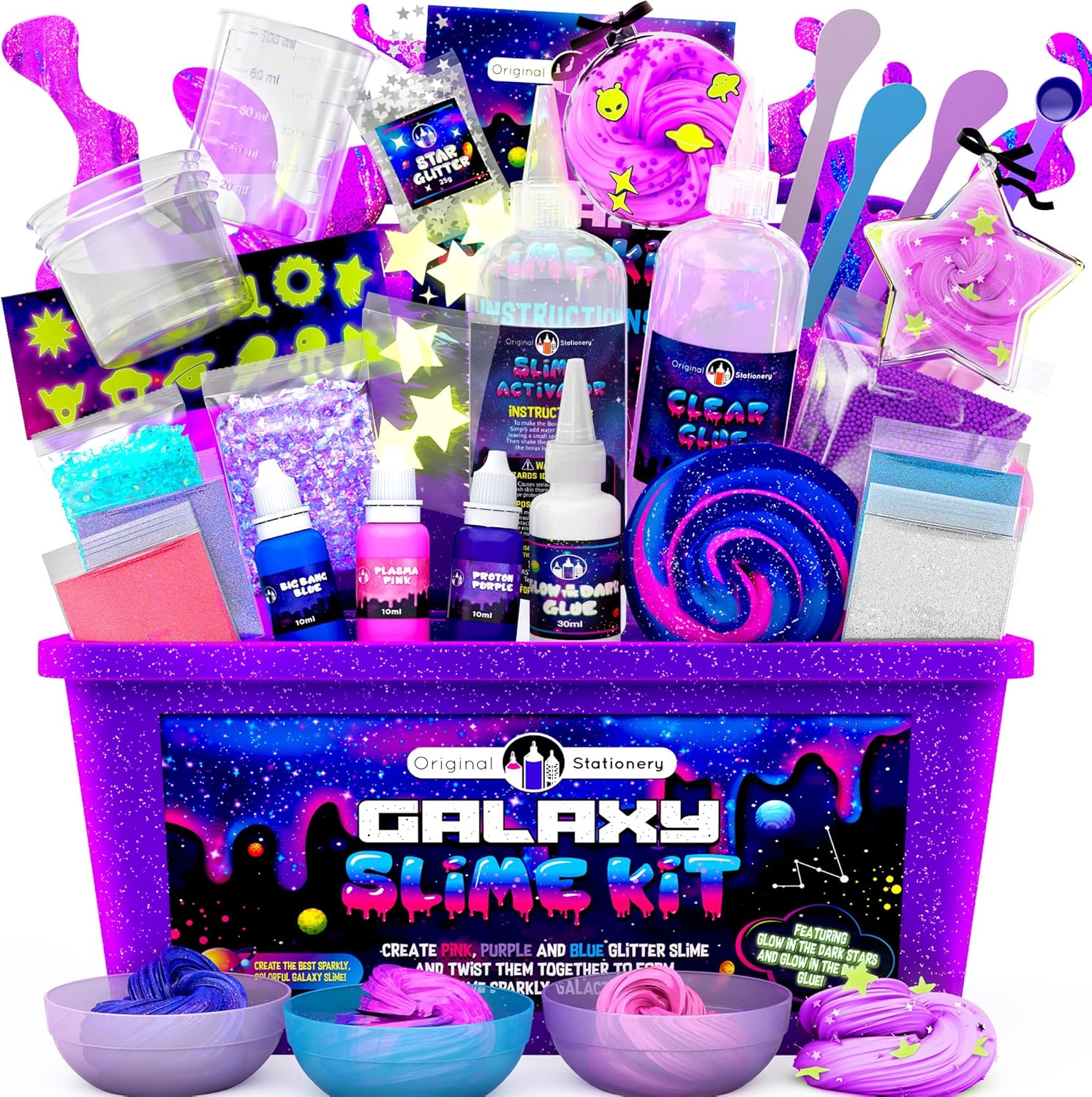 Original Stationery Galaxy Slime Kit, im Dunkeln leuchtendes DIY-Set, Glitzerpulver und Sterne, mehrfarbige Bastelbox für Mädchen im Alter von 8–12 Jahren