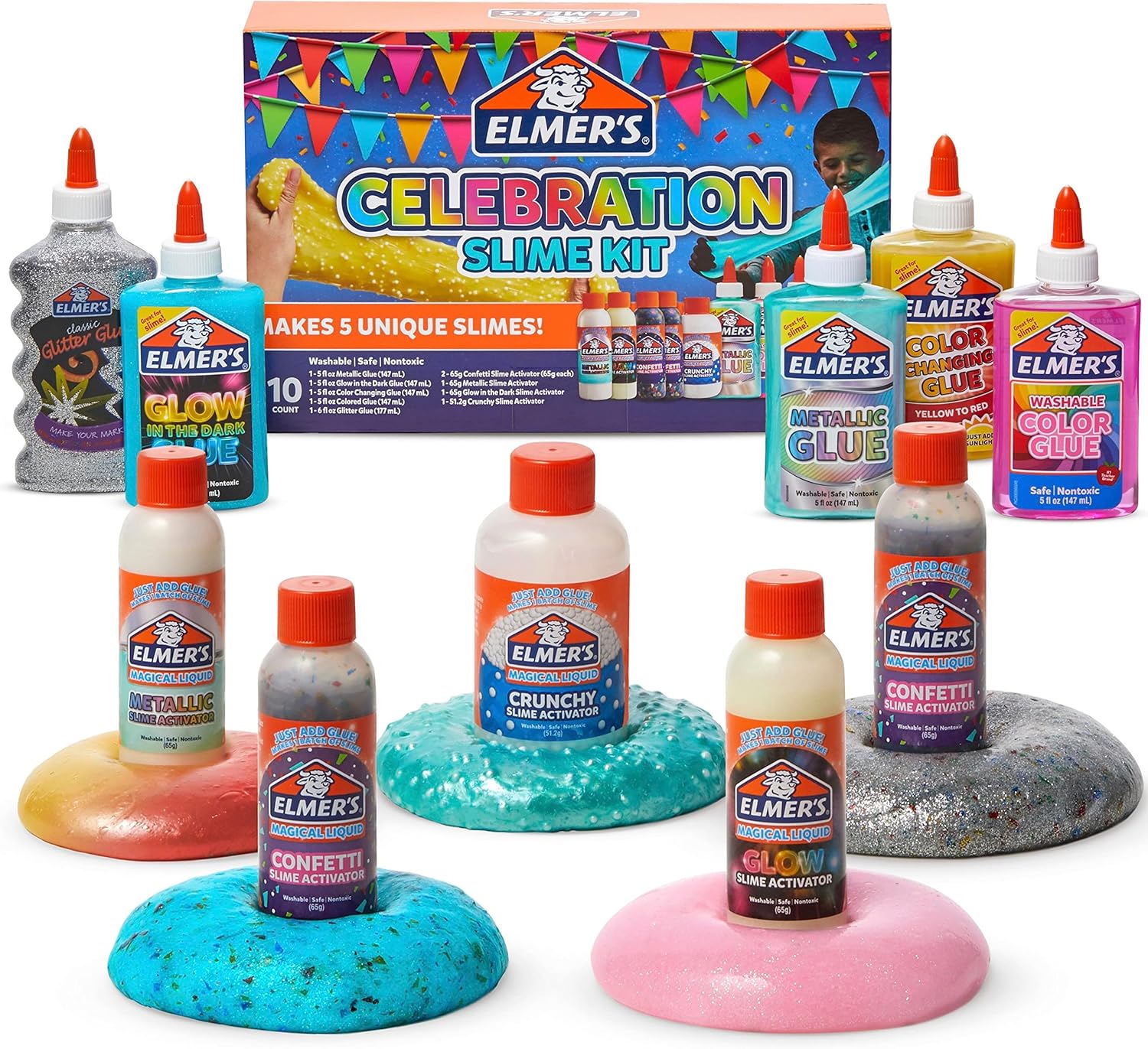 Elmer's Celebration Slime Kit 10-teiliges Komplettset mit metallischen, leuchtenden, glitzernden, farbwechselnden und knusprigen Effekten, sicher, waschbar, ungiftig, ab 6 Jahren