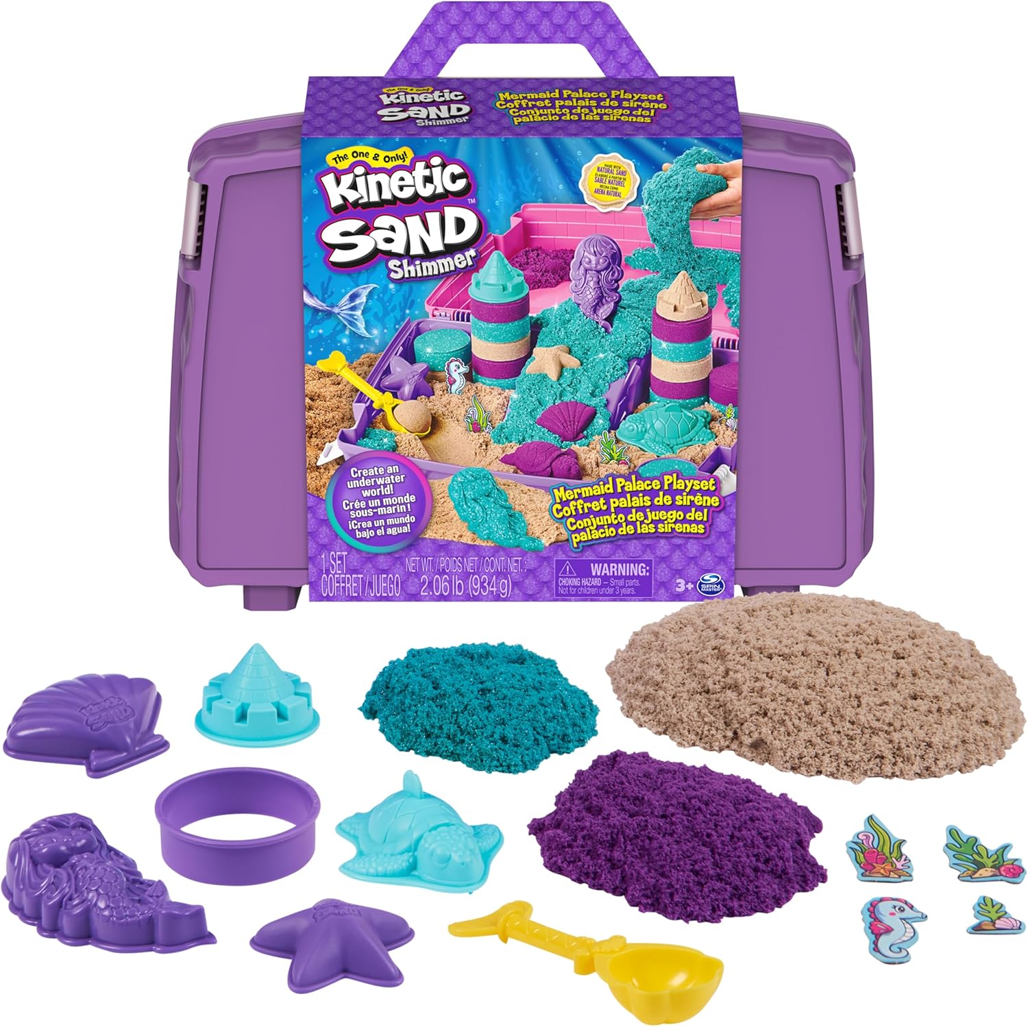 Kinetic Sand, Meerjungfrauenpalast-Spielset mit 934 g Spielsand (Neonviolett, schimmerndes Blaugrün und Strand), Werkzeug und faltbarem Sandkasten