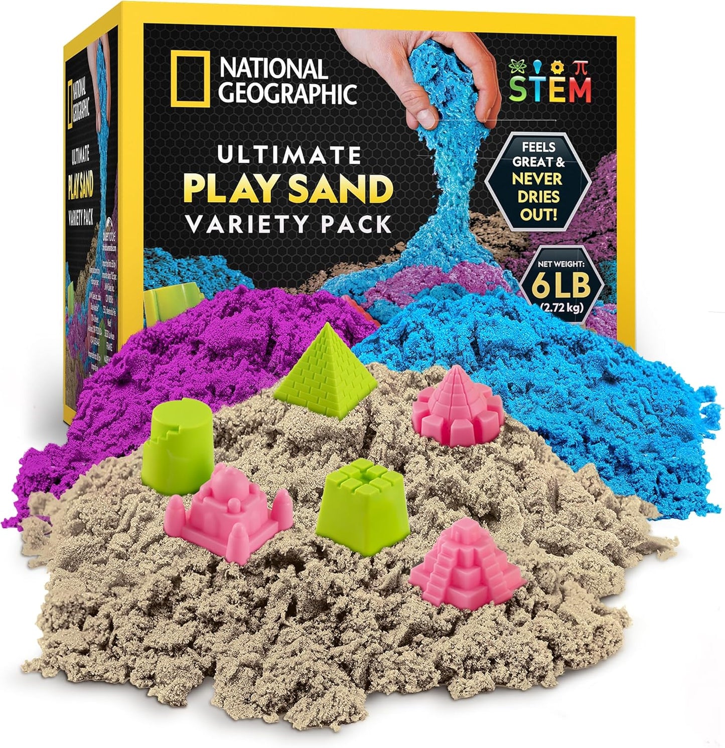 National Geographic 2,72 kg Mondsand-Kombipackung – je 0,91 g blauer, violetter und natürlicher Spielsand mit Schlossformen