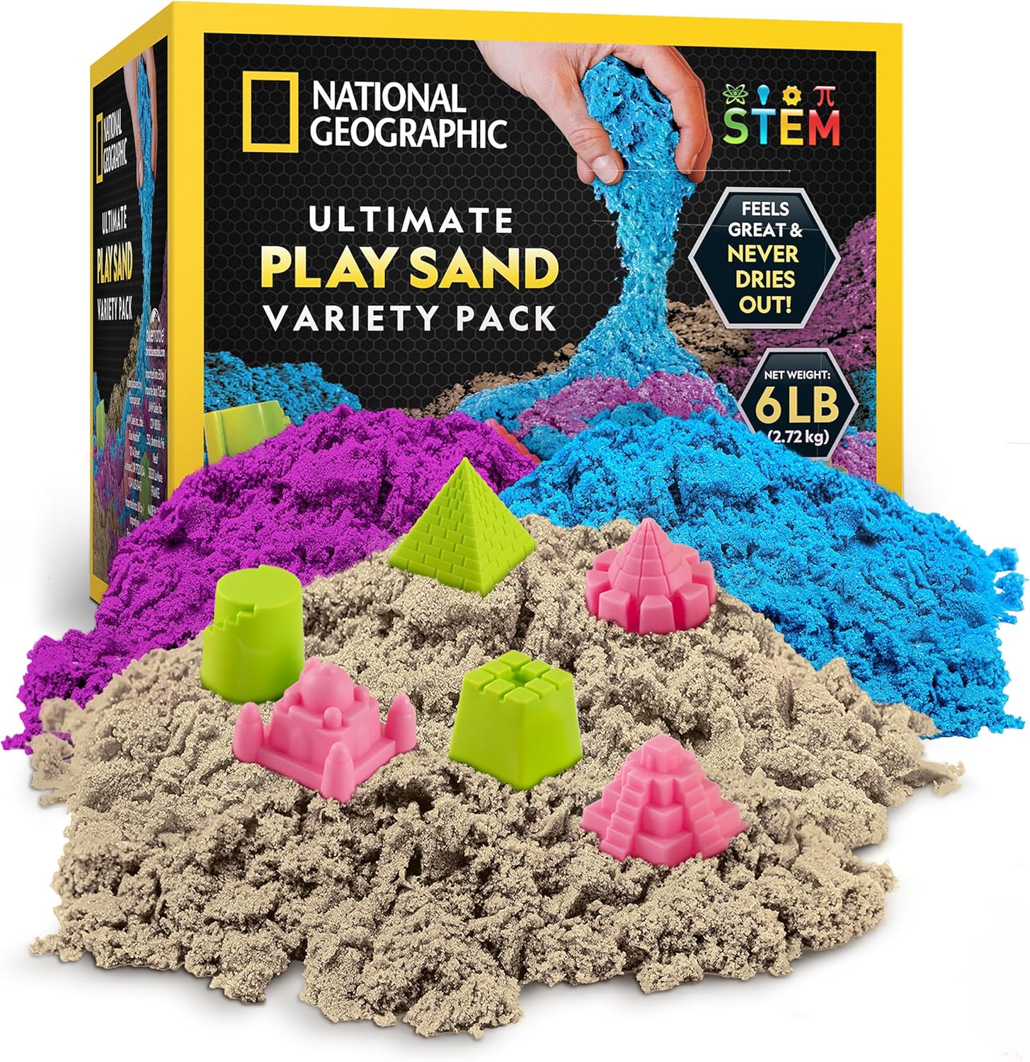 National Geographic 2,72 kg Mondsand-Kombipackung – je 0,91 g blauer, violetter und natürlicher Spielsand mit Schlossformen