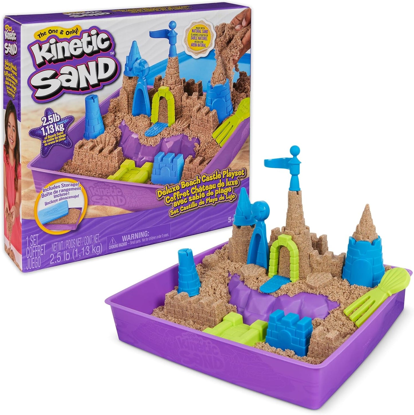 Kinetic Sand, Deluxe Beach Castle Spielset mit 1,13 kg Spielsand, Werkzeugen und Formen