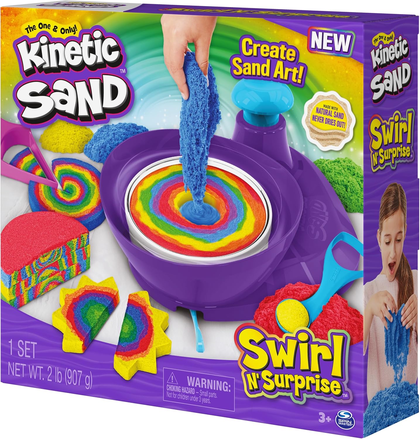 Kinetischer Sand, Swirl N‘ Surprise-Spielset mit 907 g Spielsand, einschließlich Rot, Blau, Grün, Gelb und 4 Werkzeugen
