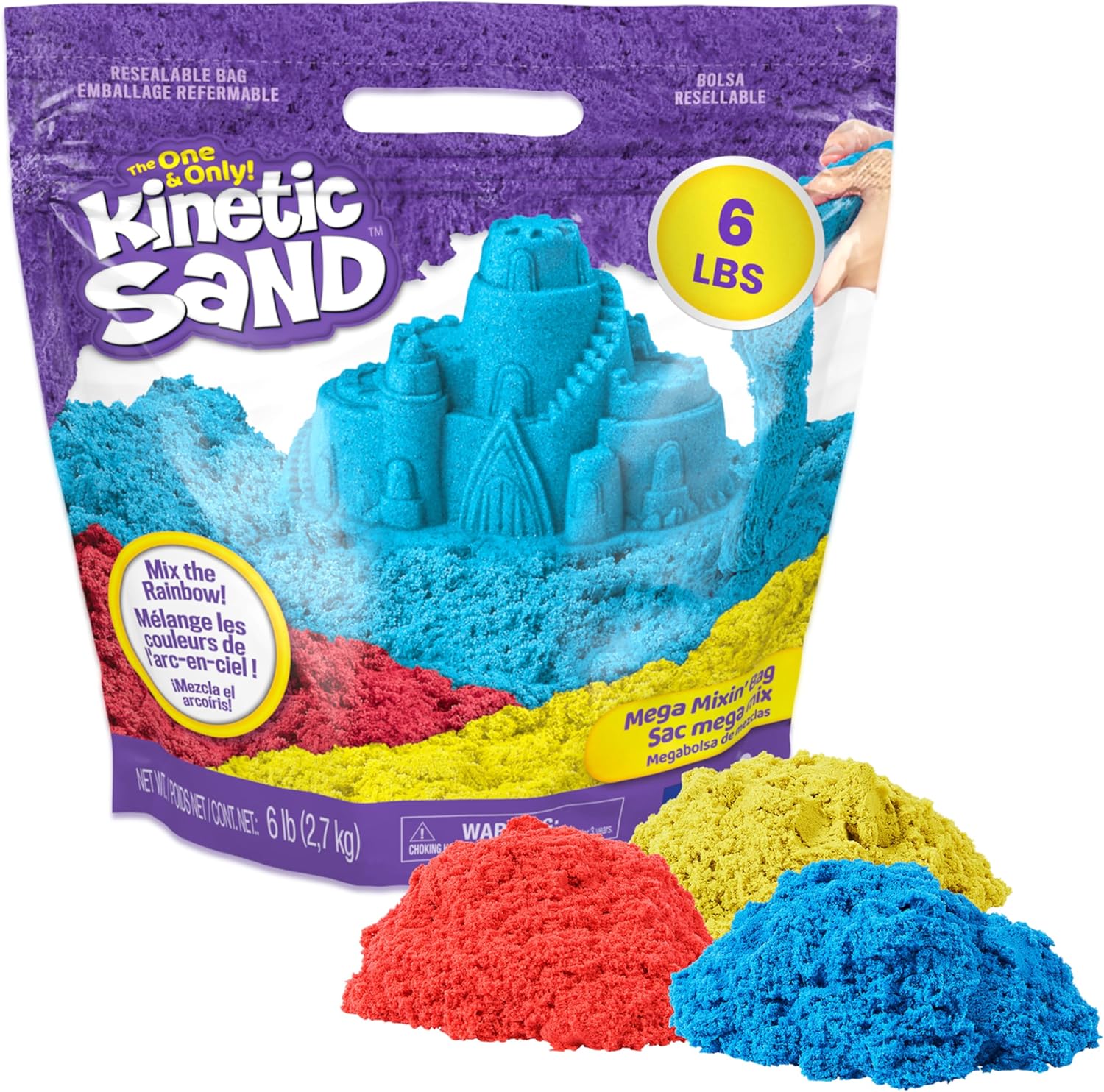 Kinetischer Sand, 2,72 kg Mega-Mischbeutel mit wiederverschließbarem Spielsandbeutel in Rot, Gelb und Blau