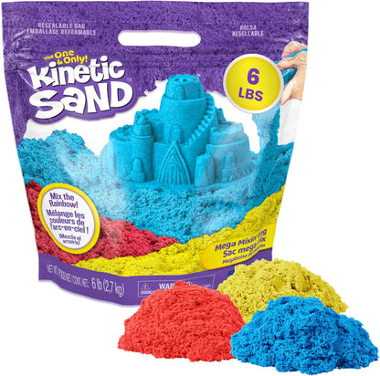 Kinetischer Sand, 2,72 kg Mega-Mischbeutel mit wiederverschließbarem Spielsandbeutel in Rot, Gelb und Blau