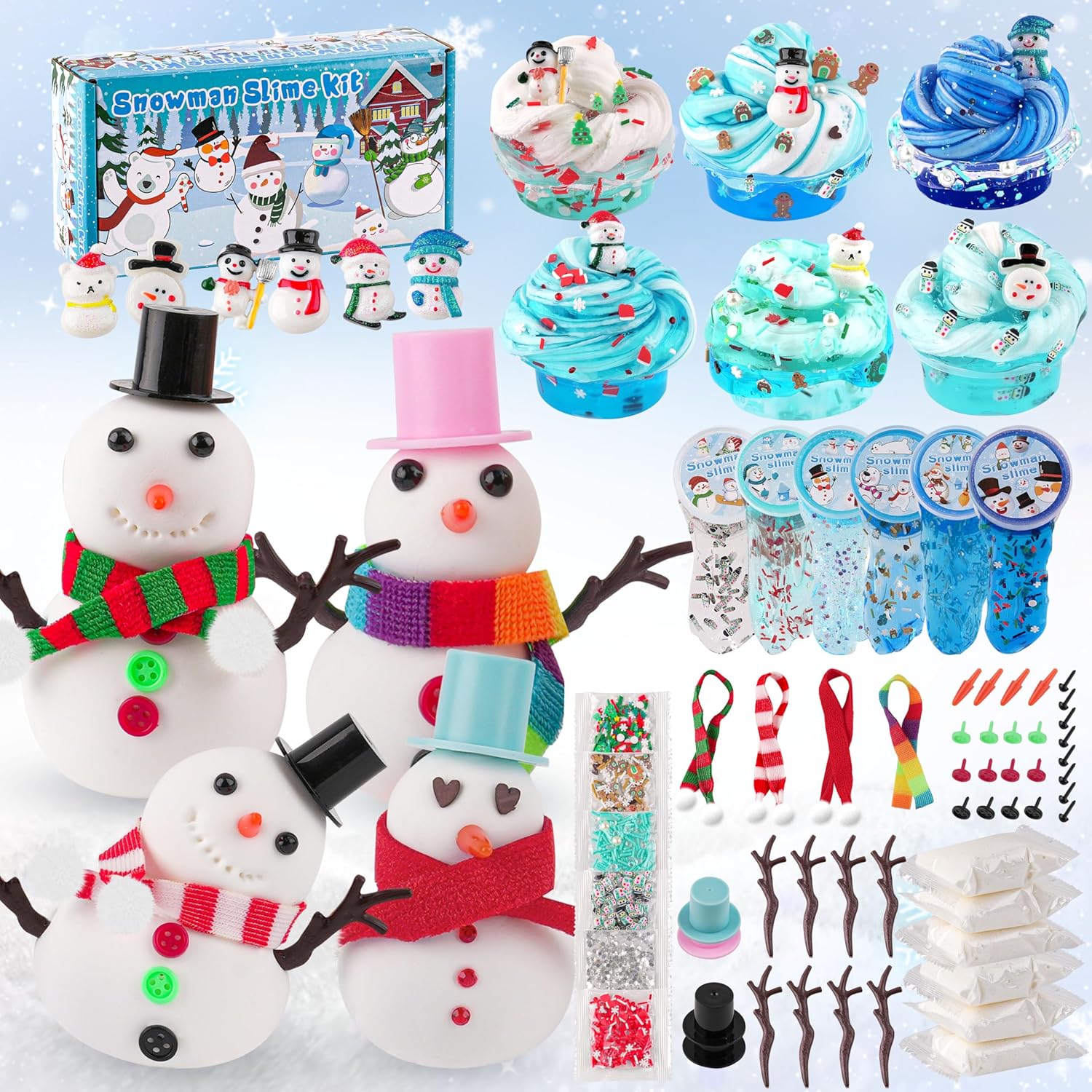 Lot de 6 bonhommes de neige en slime et argile, kit de bricolage pour construire un bonhomme de neige, 6 slimes en cristal transparent et 40 accessoires, à partir de 4 ans