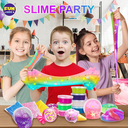 FunKidz Jumbo-Schleim-Set, 33 Becher, vorgefertigtes Schleim-Set, weich, wolkenartig, klar, butterfarben, glitzernd und im Dunkeln leuchtend, ungiftiges DIY-Set für Kinder im Alter von 4–12 Jahren, Partygeschenke und Geschenkbox