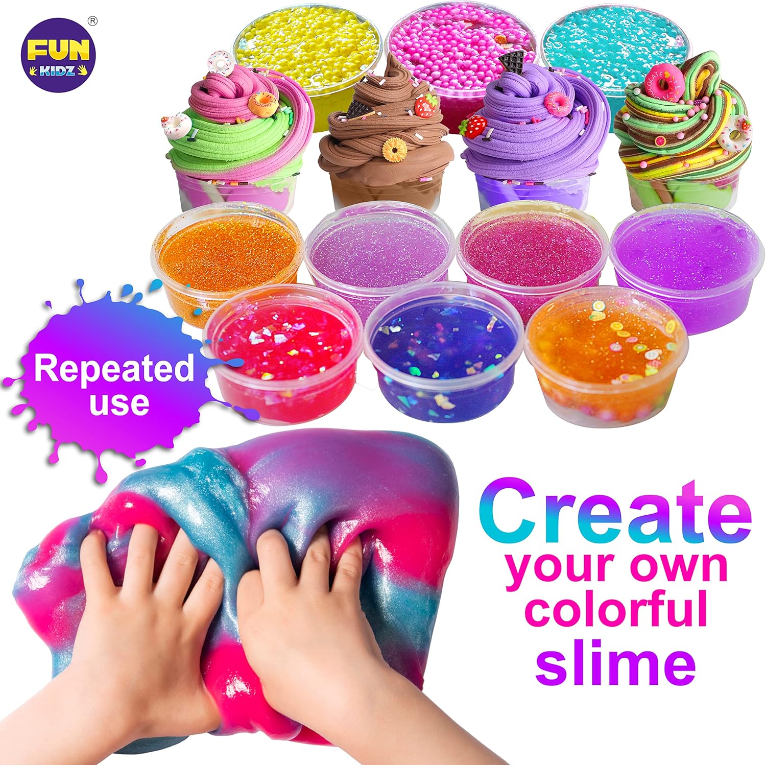FunKidz Jumbo-Schleim-Set, 33 Becher, vorgefertigtes Schleim-Set, weich, wolkenartig, klar, butterfarben, glitzernd und im Dunkeln leuchtend, ungiftiges DIY-Set für Kinder im Alter von 4–12 Jahren, Partygeschenke und Geschenkbox