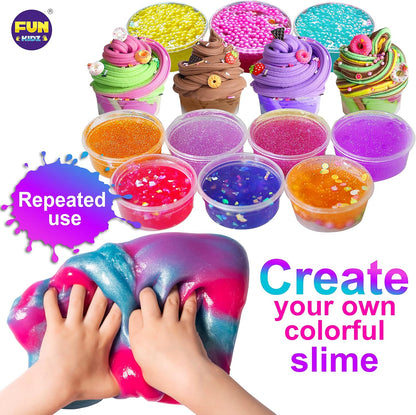 FunKidz Jumbo-Schleim-Set, 33 Becher, vorgefertigtes Schleim-Set, weich, wolkenartig, klar, butterfarben, glitzernd und im Dunkeln leuchtend, ungiftiges DIY-Set für Kinder im Alter von 4–12 Jahren, Partygeschenke und Geschenkbox