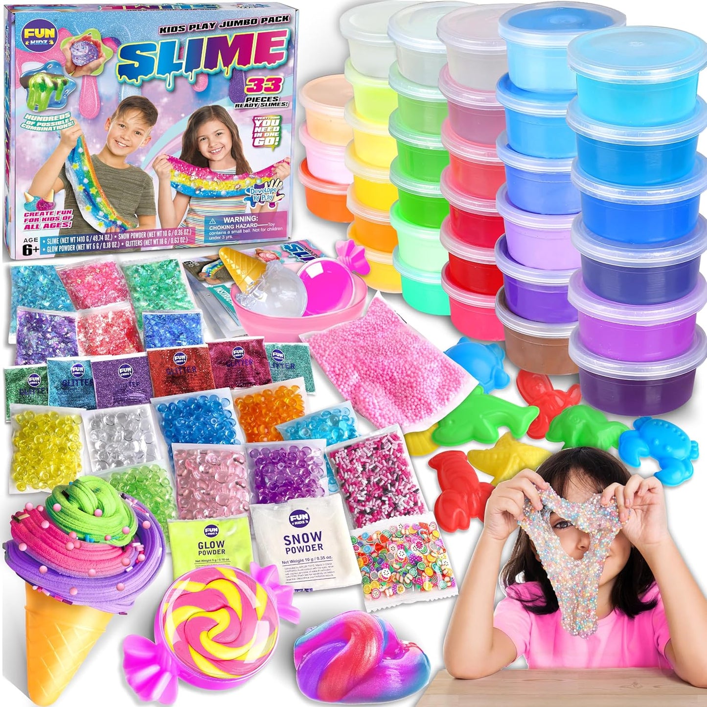 FunKidz Jumbo-Schleim-Set, 33 Becher, vorgefertigtes Schleim-Set, weich, wolkenartig, klar, butterfarben, glitzernd und im Dunkeln leuchtend, ungiftiges DIY-Set für Kinder im Alter von 4–12 Jahren, Partygeschenke und Geschenkbox