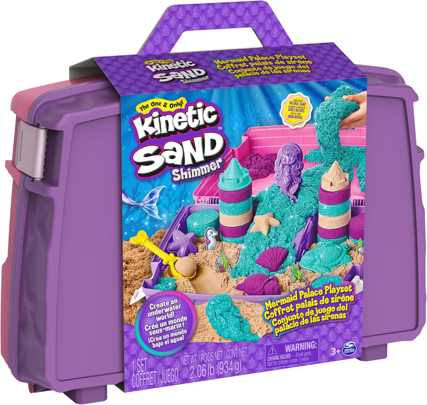 Kinetic Sand, Meerjungfrauenpalast-Spielset mit 934 g Spielsand (Neonviolett, schimmerndes Blaugrün und Strand), Werkzeug und faltbarem Sandkasten