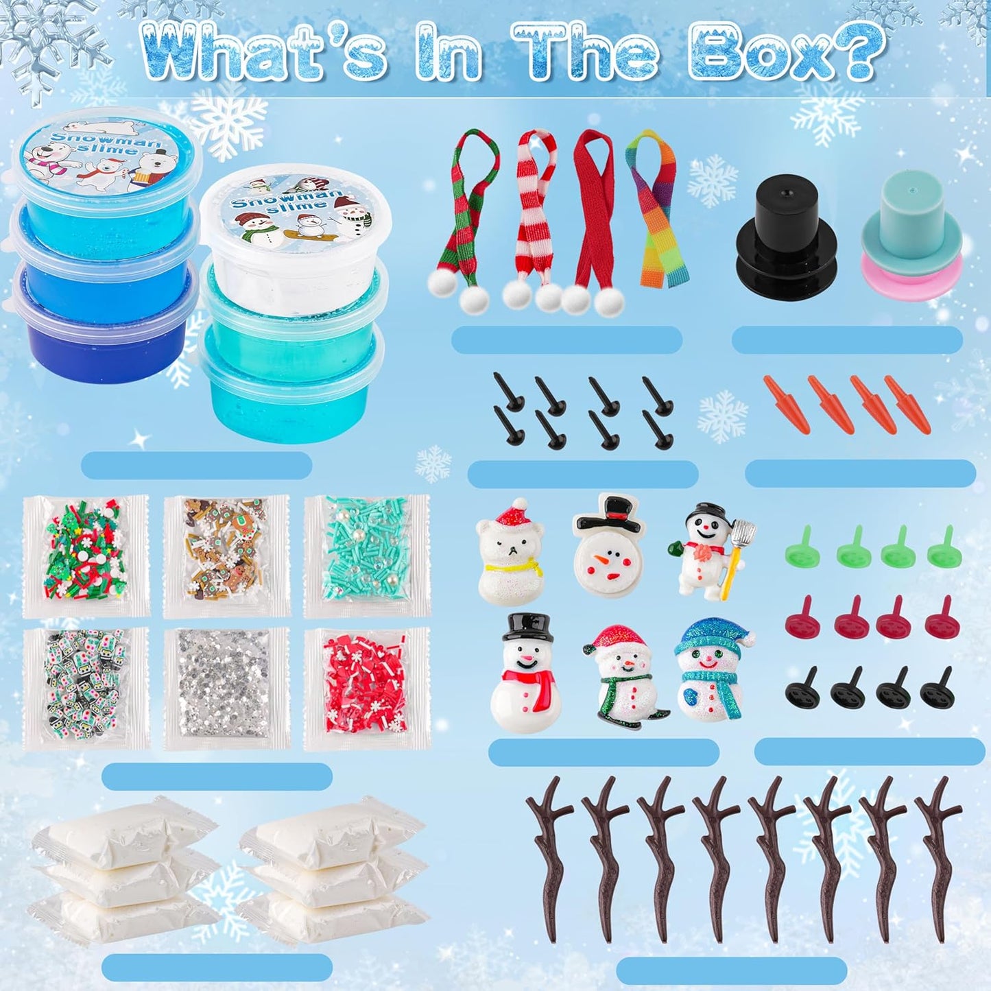 Lot de 6 bonhommes de neige en slime et argile, kit de bricolage pour construire un bonhomme de neige, 6 slimes en cristal transparent et 40 accessoires, à partir de 4 ans