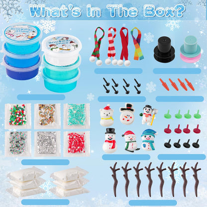 Lot de 6 bonhommes de neige en slime et argile, kit de bricolage pour construire un bonhomme de neige, 6 slimes en cristal transparent et 40 accessoires, à partir de 4 ans