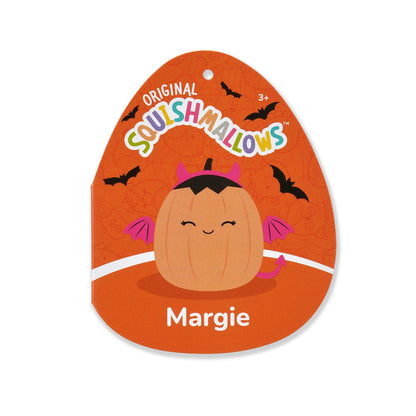 Squishmallows Halloween Margie, der pastellorangefarbene Kürbis im rosa Teufelskostüm