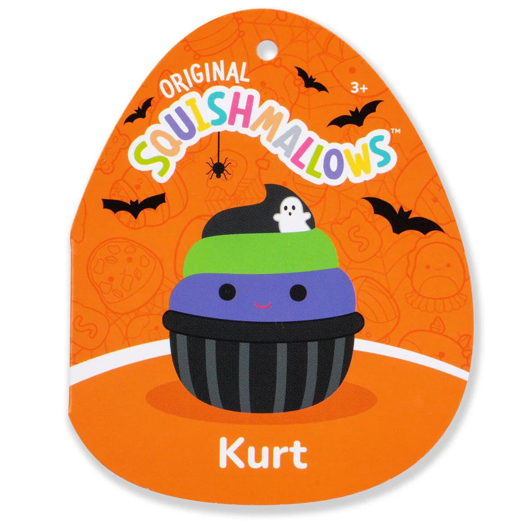 Squishmallows Halloween Kurt der Schwarze Cupcake mit grünem und violettem Zuckerguss