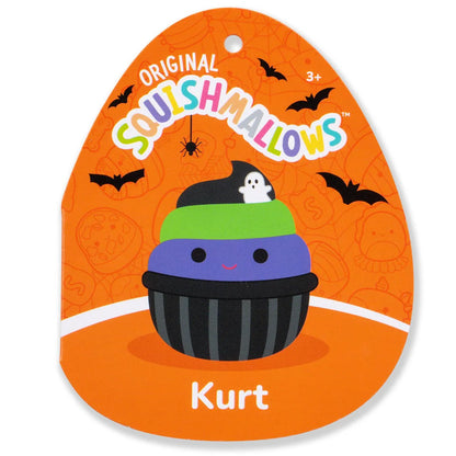 Squishmallows Halloween Kurt der Schwarze Cupcake mit grünem und violettem Zuckerguss