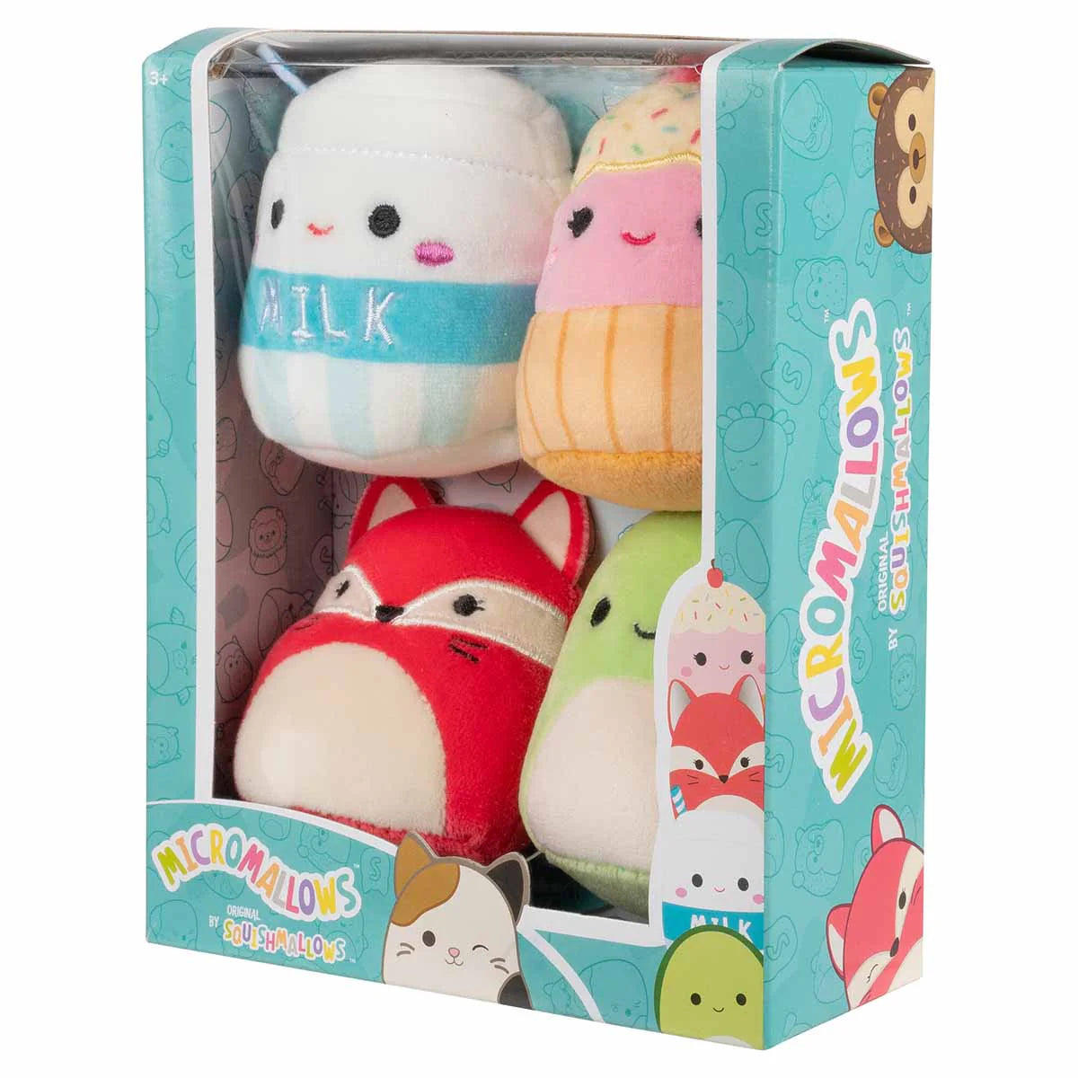 Squishmallows Micromallows 4er-Pack – Fifi Fox, Henry Turtle, Melly Milk Carton, Clara Cupcake
